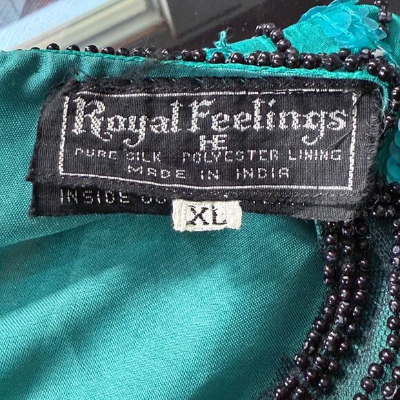 Royal Feelings Vintage Silk Sequin Beaded Top XL Teal Black Evening Party Blouse - Picture 13 of 15